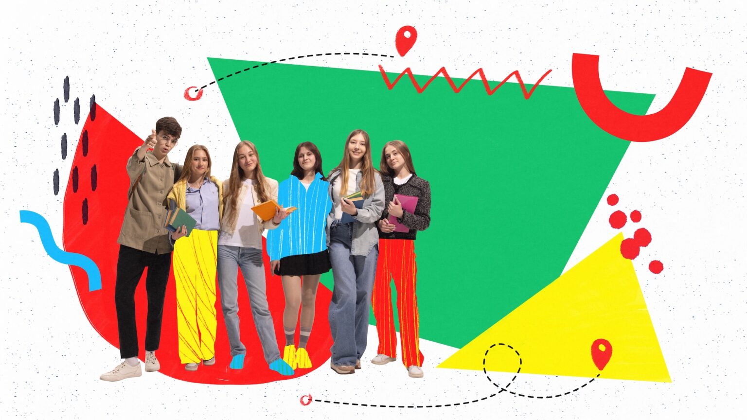 Group of teens and college students celebrating. Pop art design is behind them. photot for Contest Winners page