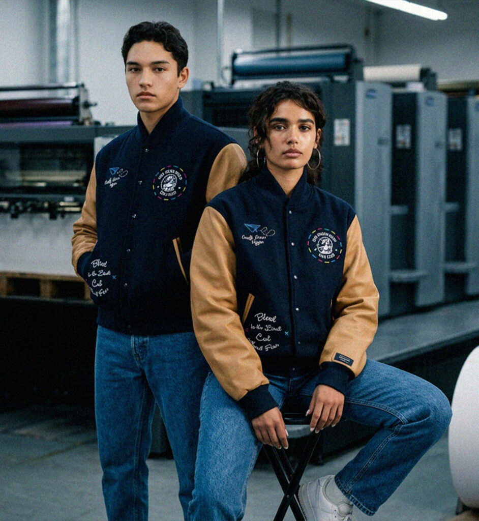 Ink Runs Deep​ jacket being worn by two college students in front of printing presses